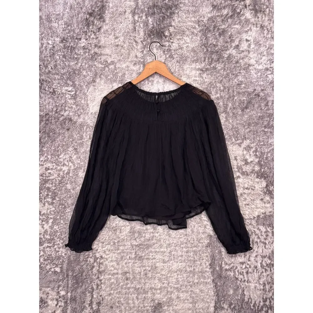 New J Crew Blouse Small Womens Drapey Shirred Top Crinkle Cupro Sheer Black